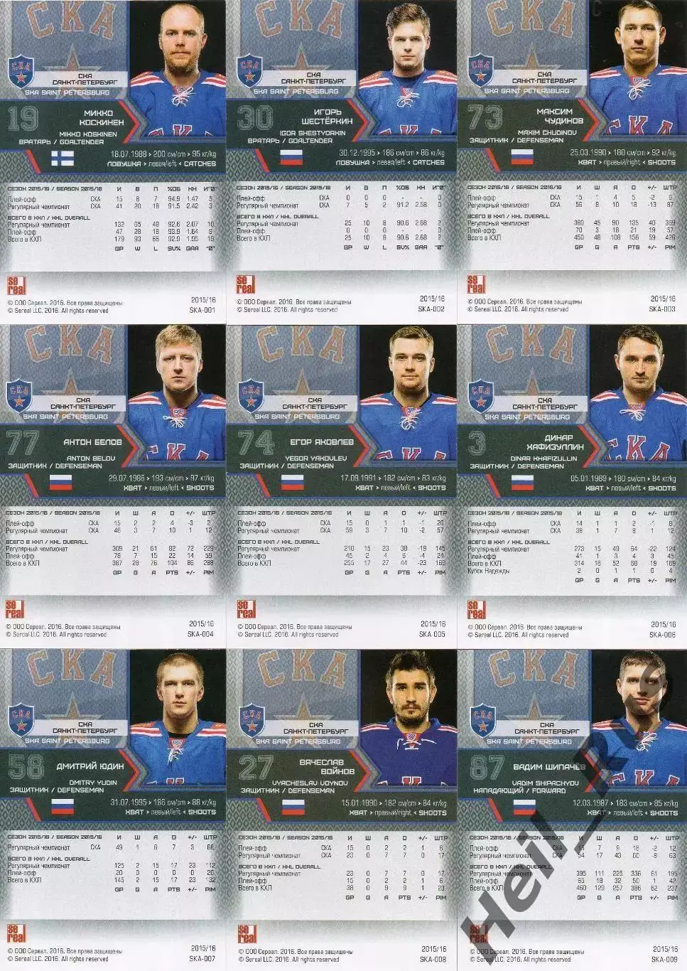 Хоккей. СКА Санкт-Петербург 18 карточек КХЛ/KHL сезон 2015/16 SeReal Шестеркин + 1