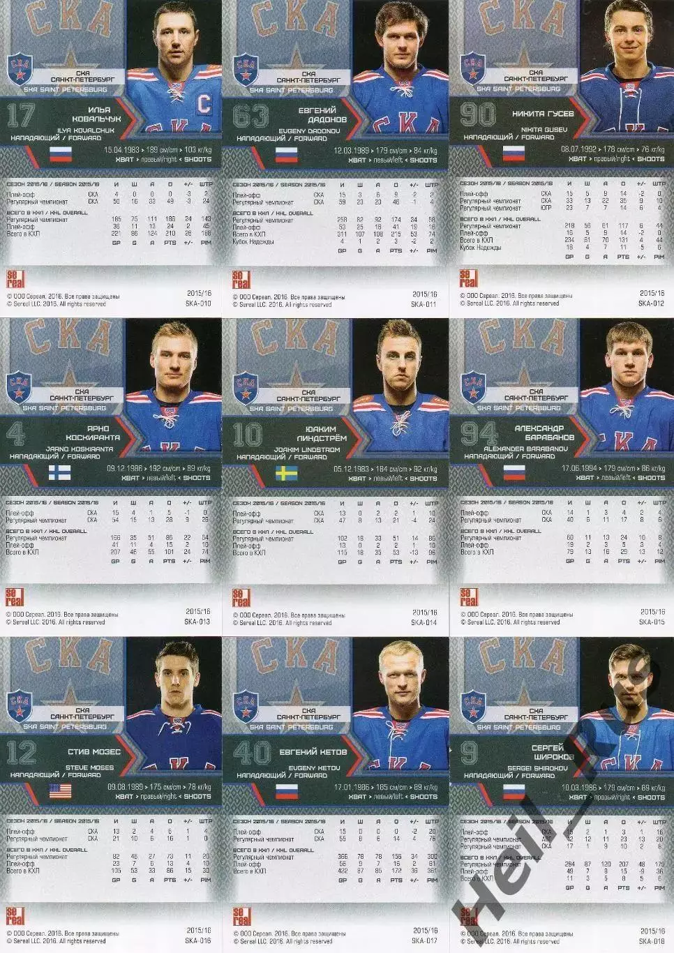Хоккей. СКА Санкт-Петербург 18 карточек КХЛ/KHL сезон 2015/16 SeReal Шестеркин + 3