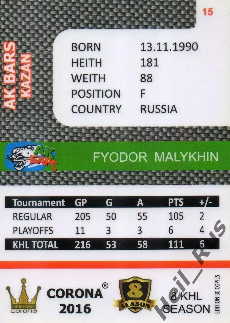 Хоккей. Карточка Федор Малыхин (Ак Барс Казань) КХЛ/KHL 8 сезон 2015/16 1