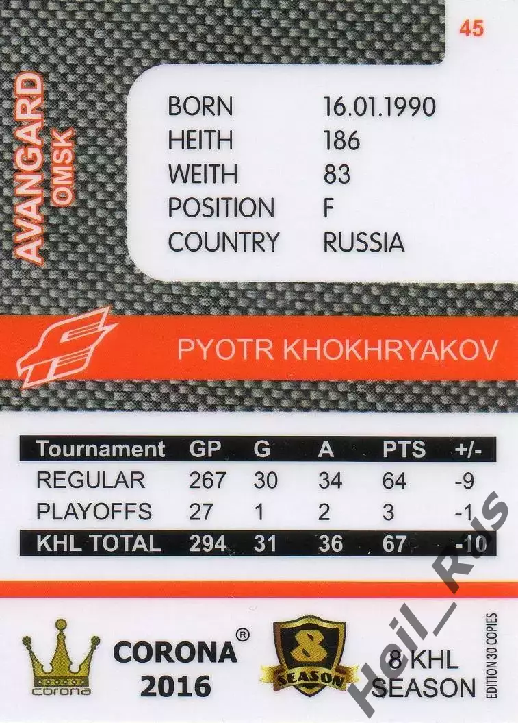 Хоккей. Карточка Петр Хохряков (Авангард Омск) КХЛ/KHL 8 сезон 2015/16 1