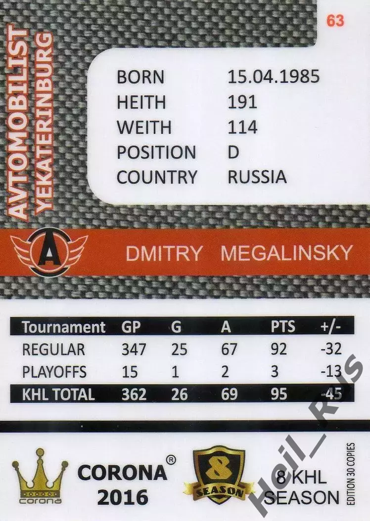 Карточка Дмитрий Мегалинский (Автомобилист Екатеринбург) КХЛ/KHL 8 сезон 2015/16 1