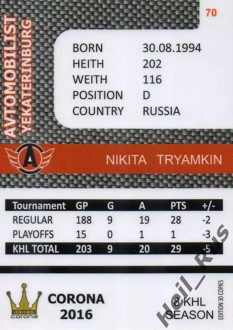 Хоккей Карточка Никита Трямкин Автомобилист Екатеринбург КХЛ/KHL 8 сезон 2015/16 1
