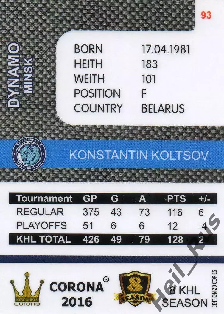 Хоккей Карточка Константин Кольцов Динамо Минск/Беларусь КХЛ/KHL 8 сезон 2015/16 1