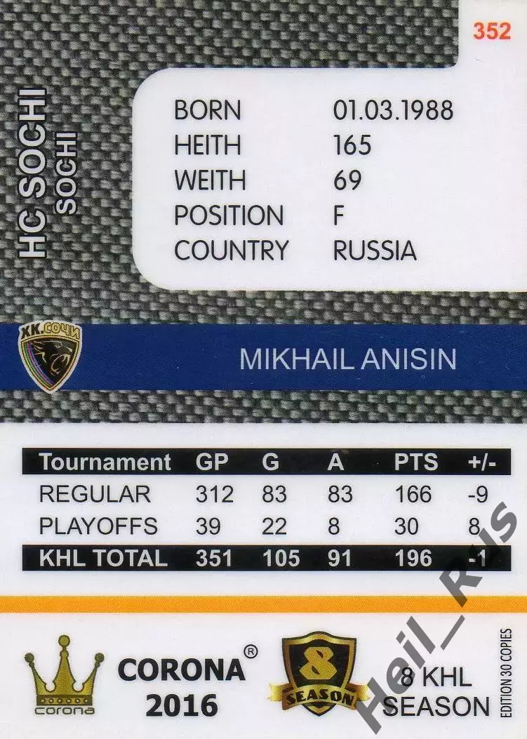 Хоккей. Карточка Михаил Анисин (ХК Сочи) КХЛ/KHL 8 сезон 2015/16 1
