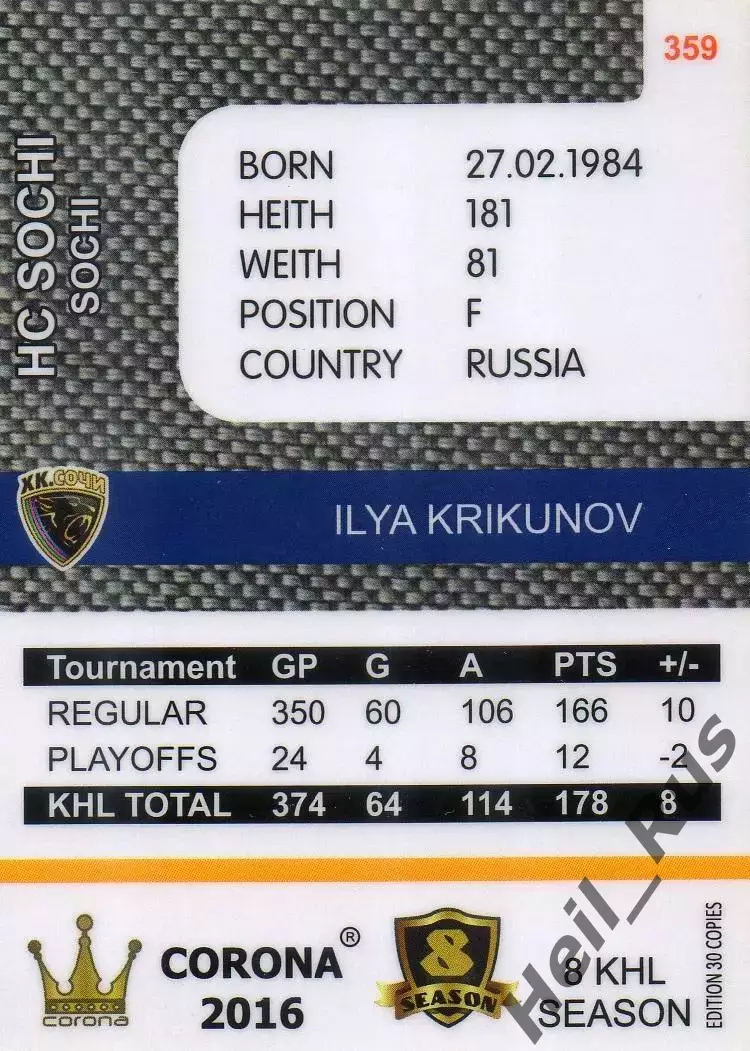 Хоккей. Карточка Илья Крикунов (ХК Сочи) КХЛ/KHL 8 сезон 2015/16 1
