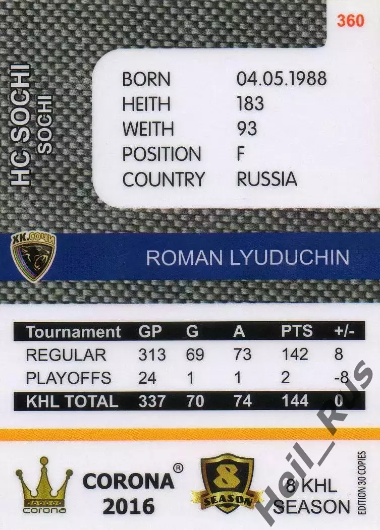 Хоккей. Карточка Роман Людучин (ХК Сочи) КХЛ/KHL 8 сезон 2015/16 1