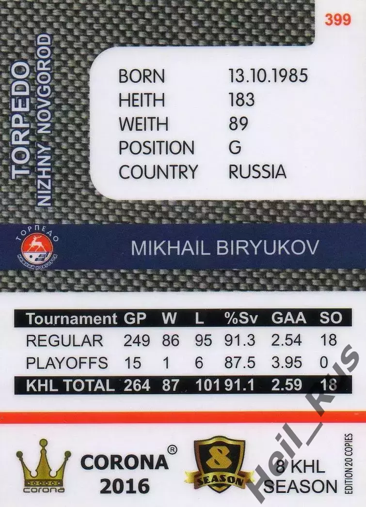 Хоккей. Карточка Михаил Бирюков Торпедо Нижний Новгород КХЛ/KHL 8 сезон 2015/16 1