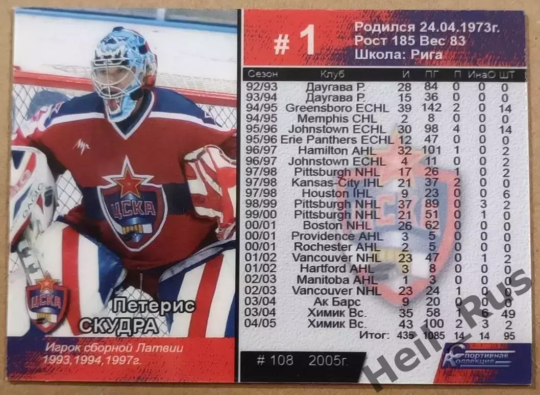 Хоккей. Карточка Петерис Скудра (ЦСКА Москва), Суперлига ПХЛ/КХЛ 2005-2006 1