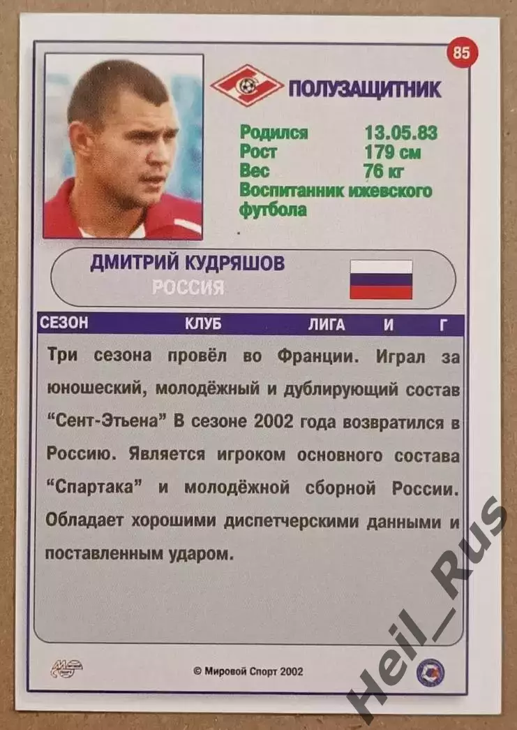 Карточка Дмитрий Кудряшов Спартак Москва Российская Футбольная Премьер-Лига 2002 1