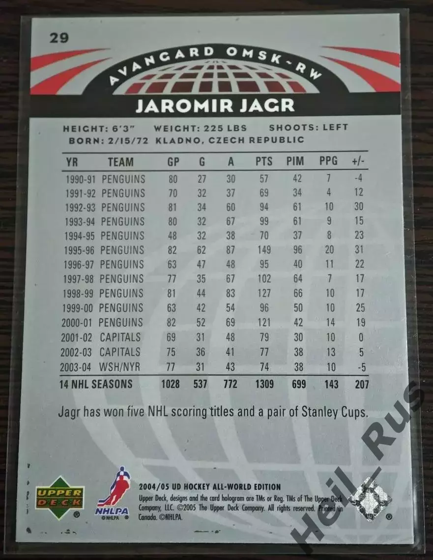 Хоккей. Карточка Jaromir Jagr/Яромир Ягр (Авангард Омск) НХЛ/NHL, КХЛ 2004-2005 1