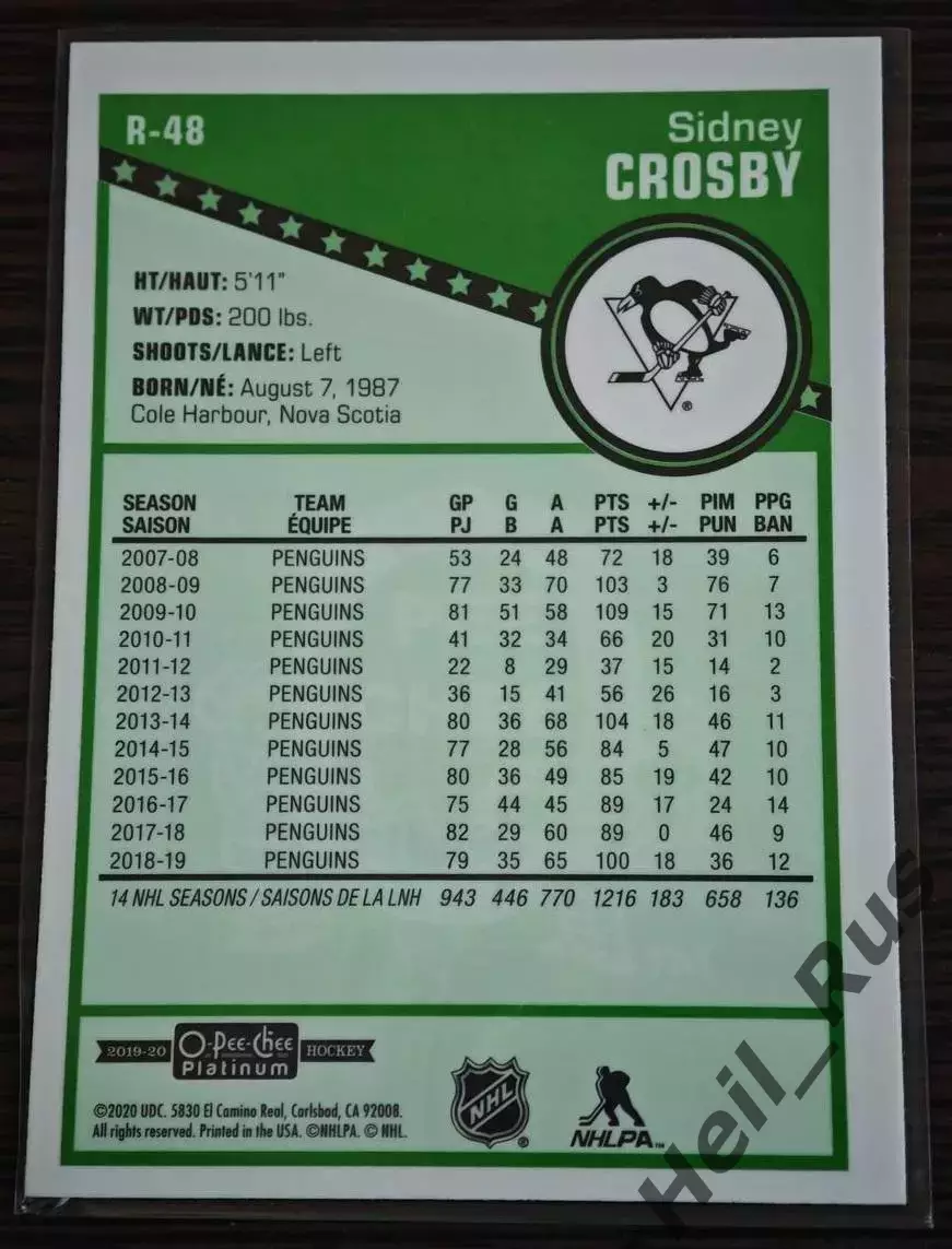 Хоккей. Карточка Сидни Кросби (Pittsburgh Penguins/Питтсбург Пингвинз) NHL/НХЛ 1