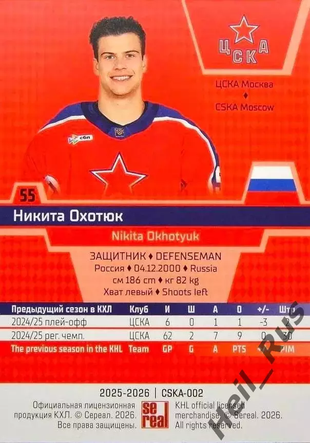 Хоккей. Карточка Никита Охотюк (ЦСКА Москва) КХЛ/KHL сезон 2025/26 SeReal 1