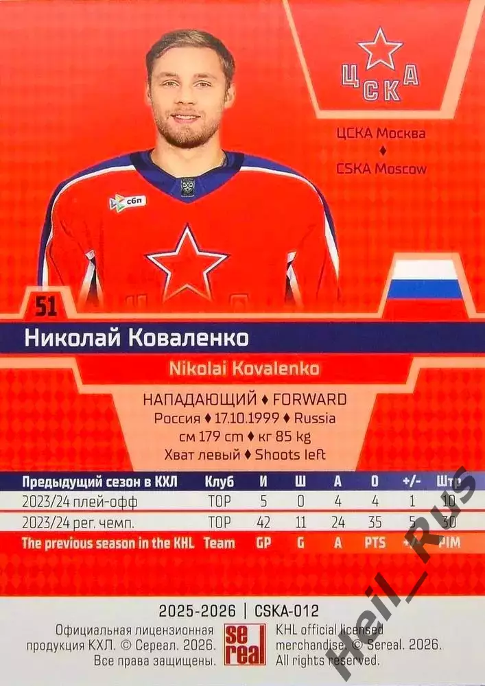 Хоккей. Карточка Николай Коваленко (ЦСКА Москва) КХЛ/KHL сезон 2025/26 SeReal 1
