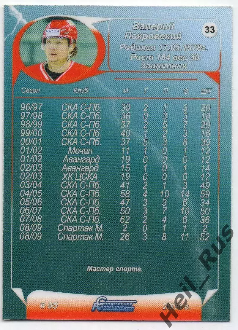 Хоккей. Карточка Валерий Покровский (Спартак Москва) КХЛ/KHL сезон 2009/2010 1