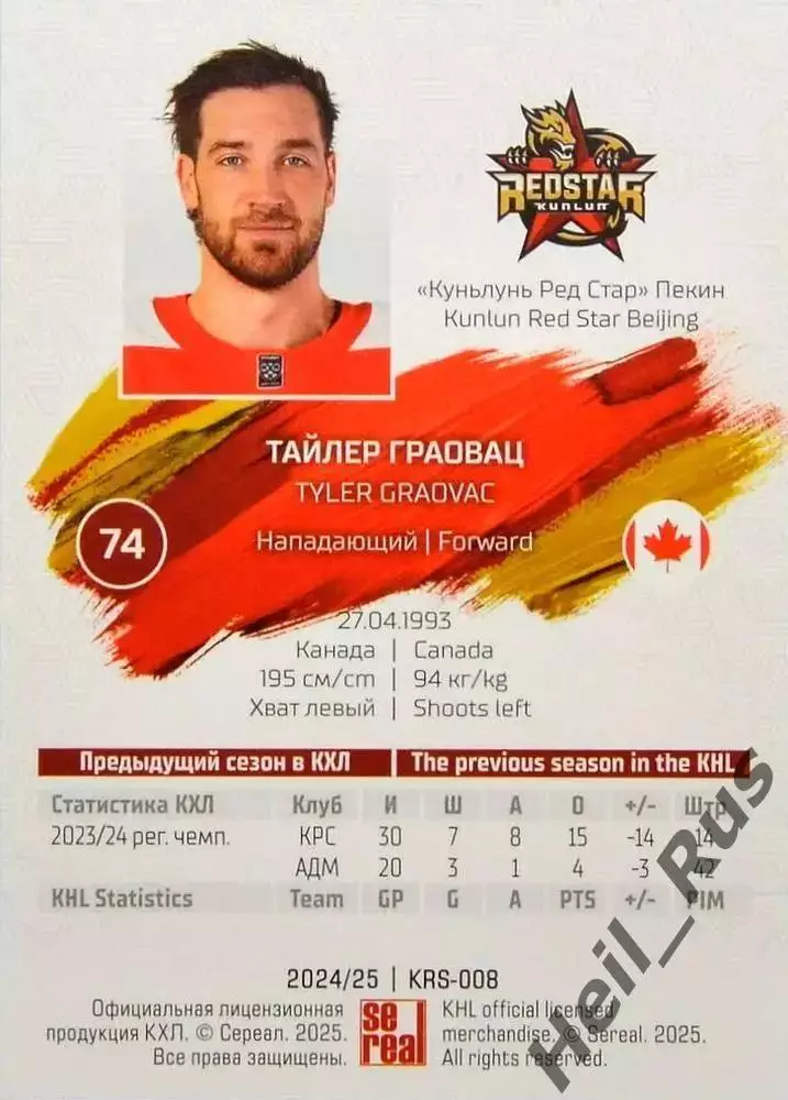 Хоккей. Карточка Тайлер Граовац (Куньлунь Ред Стар Пекин) КХЛ/KHL 2024/25 SeReal 1