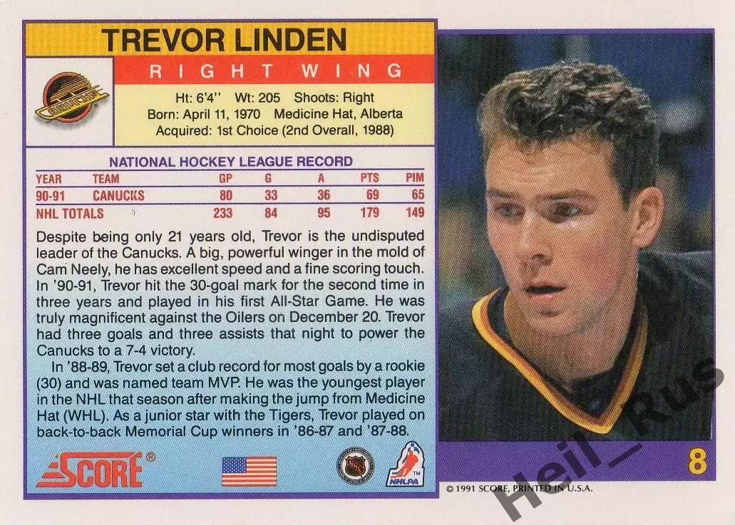 Карточка Trevor Linden/Тревор Линден (Vancouver Canucks/Ванкувер Кэнакс) NHL/НХЛ 1