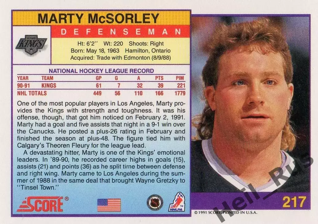 Хоккей. Карточка Marty McSorley/Марти Максорли Kings/Лос-Анджелес Кингз НХЛ/NHL 1