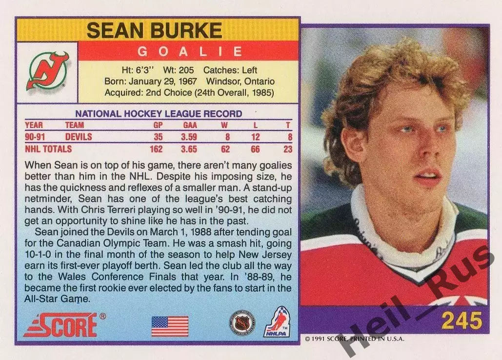 Хоккей Карточка Sean Burke/Шон Бурк New Jersey Devils/Нью-Джерси Девилз НХЛ/NHL 1