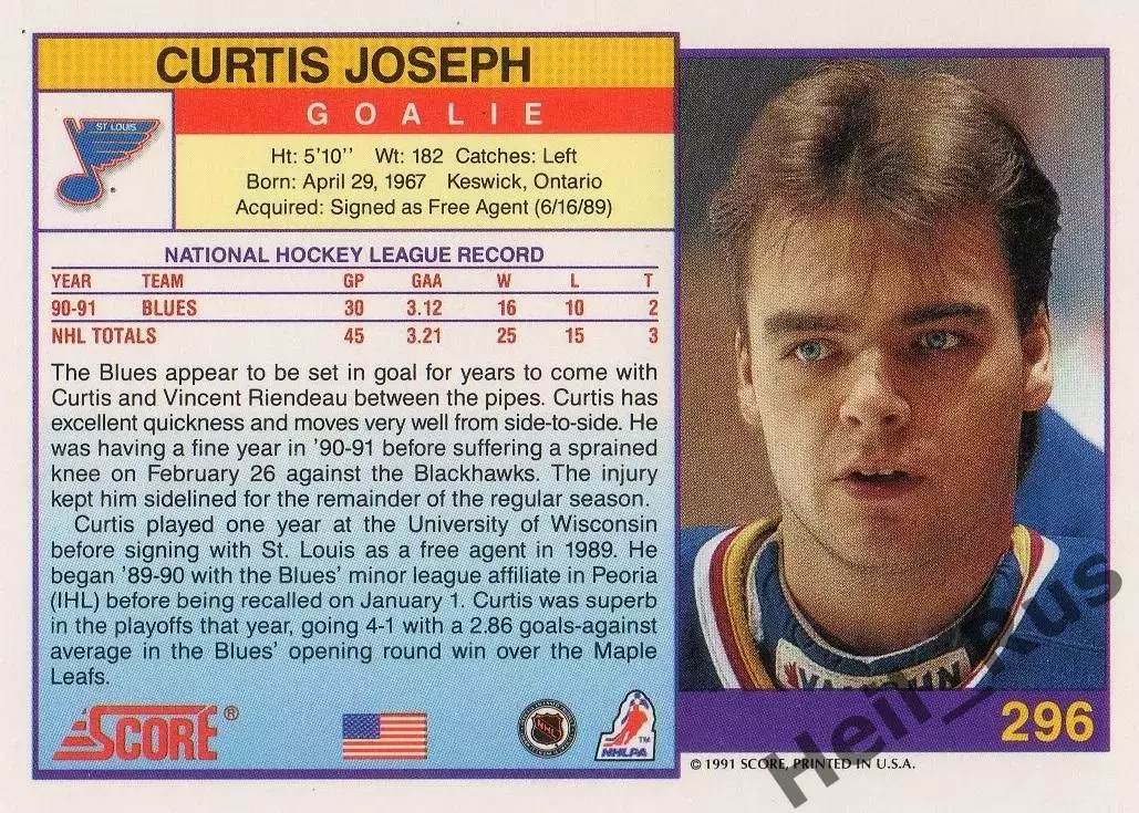 Карточка Curtis Joseph / Кертис Джозеф (St. Louis Blues/Сент-Луис Блюз) НХЛ/NHL 1