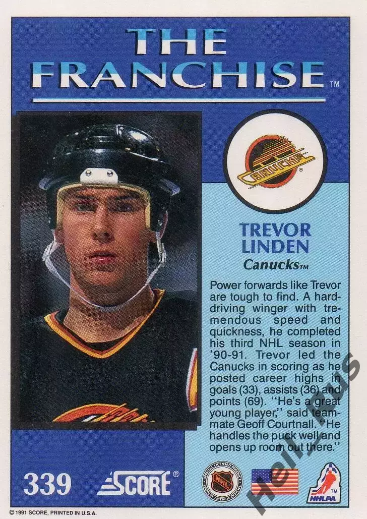 Карточка Trevor Linden/Тревор Линден (Vancouver Canucks/Ванкувер Кэнакс) NHL/НХЛ 1