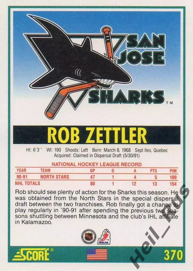 Хоккей. Карточка Rob Zettler/Роб Зеттлер San Jose Sharks/Сан-Хосе Шаркс НХЛ/NHL 1