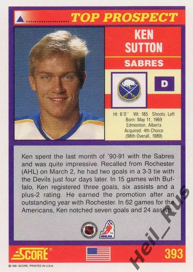 Хоккей. Карточка Ken Sutton / Кен Саттон (Buffalo Sabres/Баффало Сейбрз) НХЛ/NHL 1