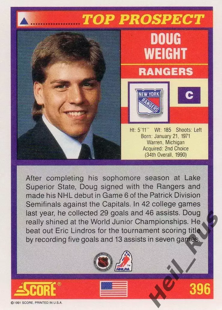 Хоккей Карточка Doug Weight/Дуг Уэйт New York Rangers/Нью-Йорк Рейнджерс НХЛ/NHL 1