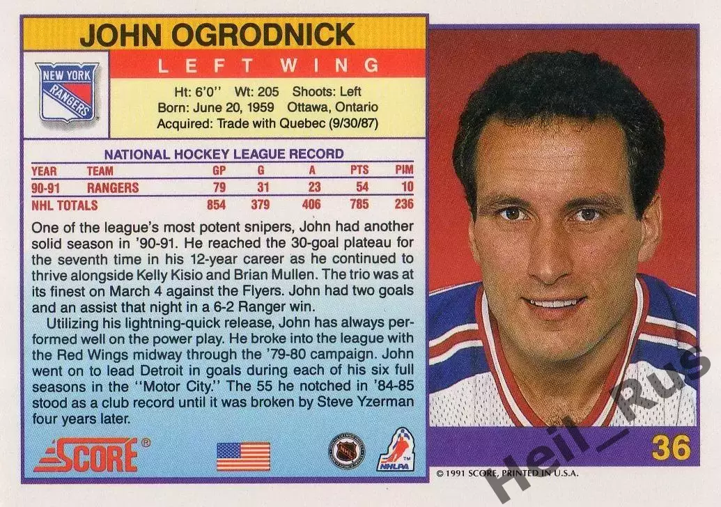 Хоккей. Карточка Джон Огродник (New York Rangers/Нью-Йорк Рейнджерс) НХЛ/NHL 1
