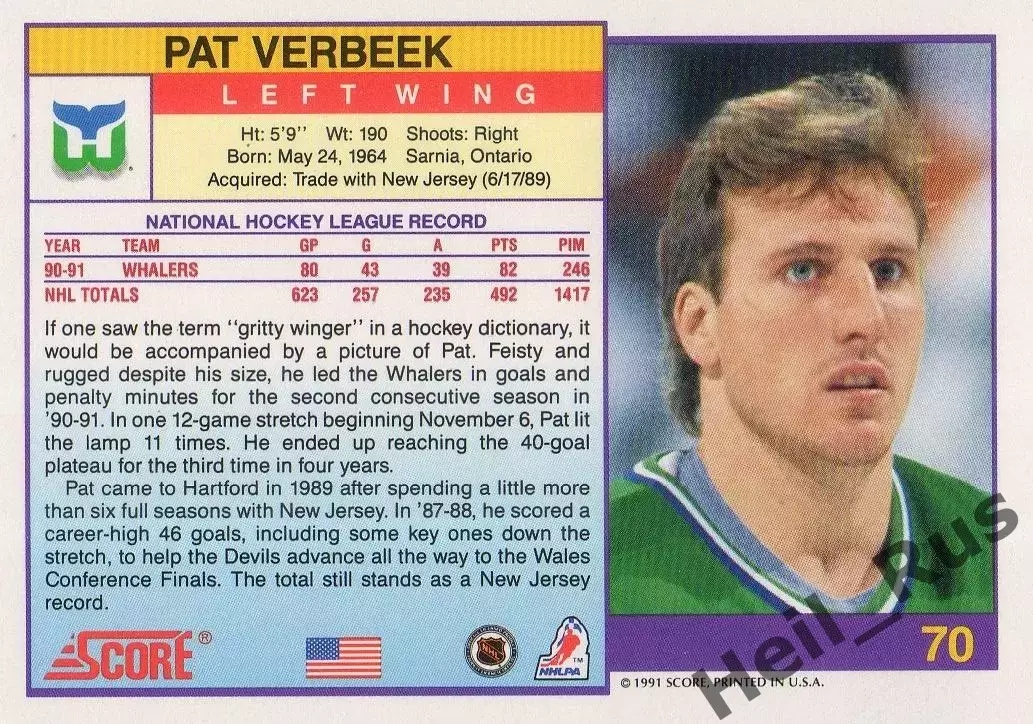 Хоккей Карточка Pat Verbeek/Пэт Вербик Hartford Whalers/Хартфорд Уэйлерс NHL/НХЛ 1