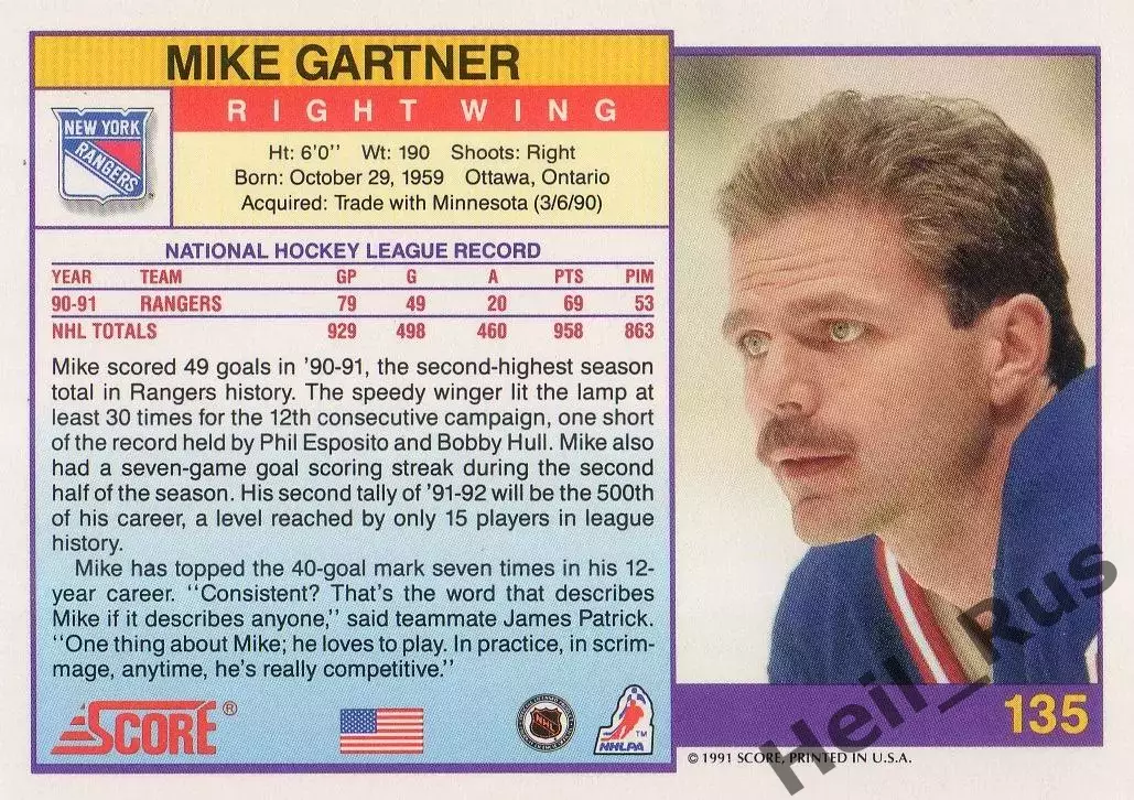 Карточка Mike Gartner/Майк Гартнер New York Rangers/Нью-Йорк Рейнджерс, НХЛ/NHL 1