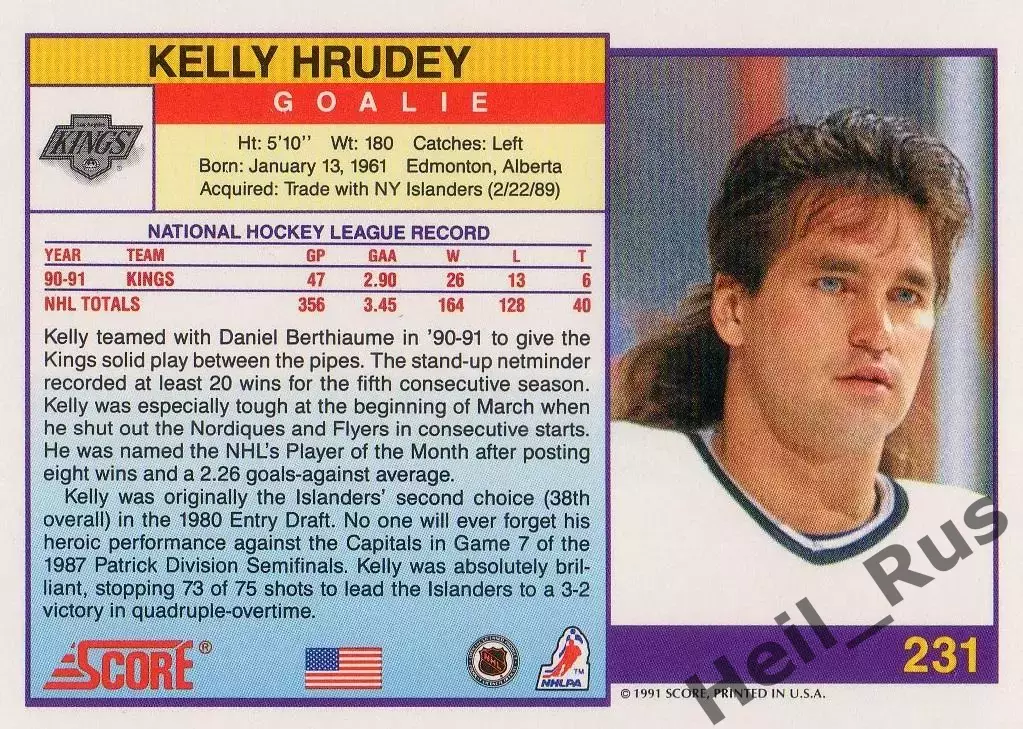Карточка Kelly Hrudey/Келли Хруди (Los Angeles Kings/Лос-Анджелес Кингз) НХЛ-NHL 1