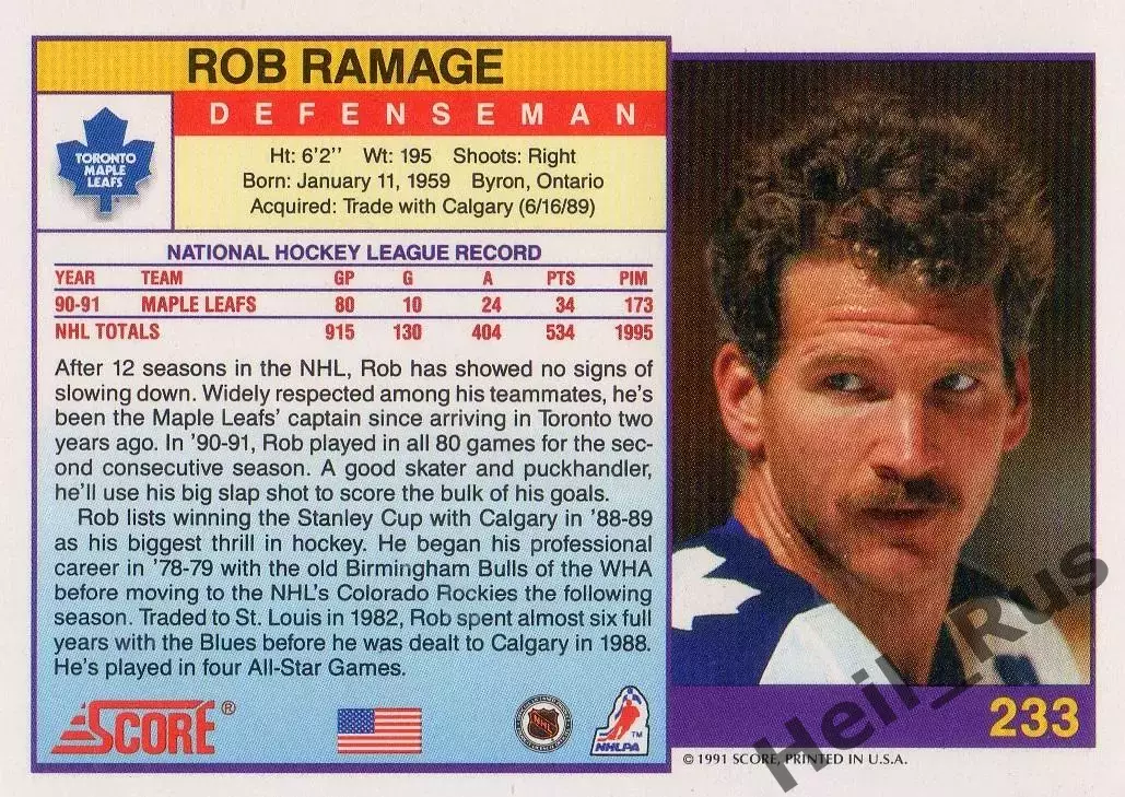 Карточка Rob Ramage/Роб Рэмэдж (Toronto Maple Leafs/Торонто Мейпл Лифс) НХЛ/NHL 1
