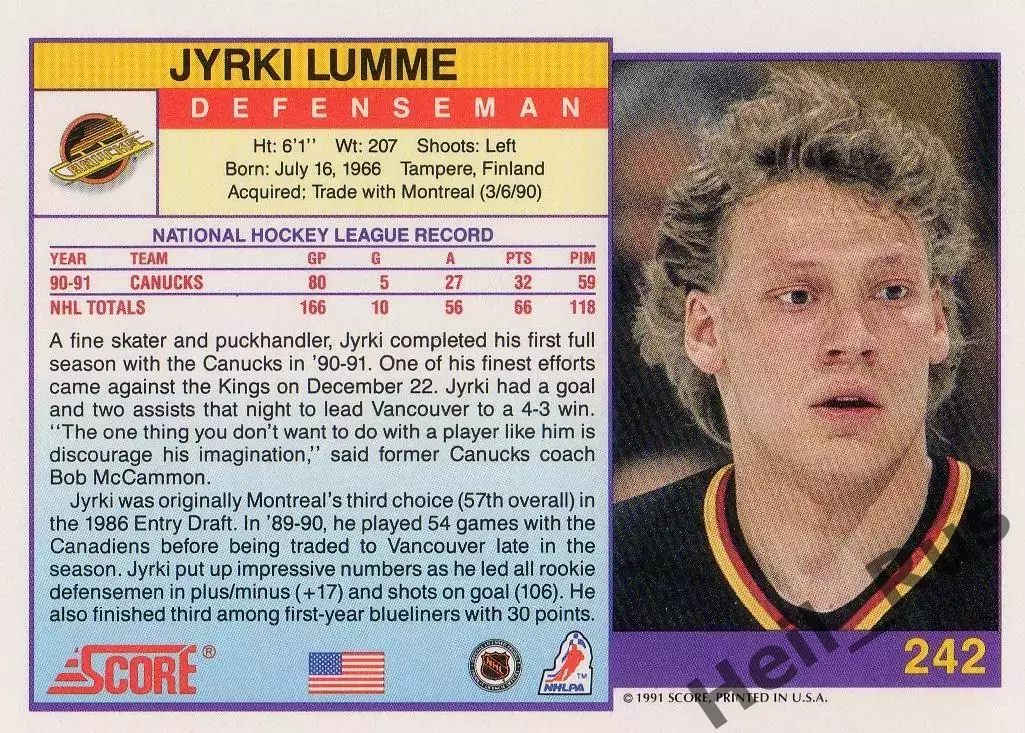 Хоккей Карточка Jyrki Lumme/Юрки Лумме Vancouver Canucks/Ванкувер Кэнакс НХЛ-NHL 1