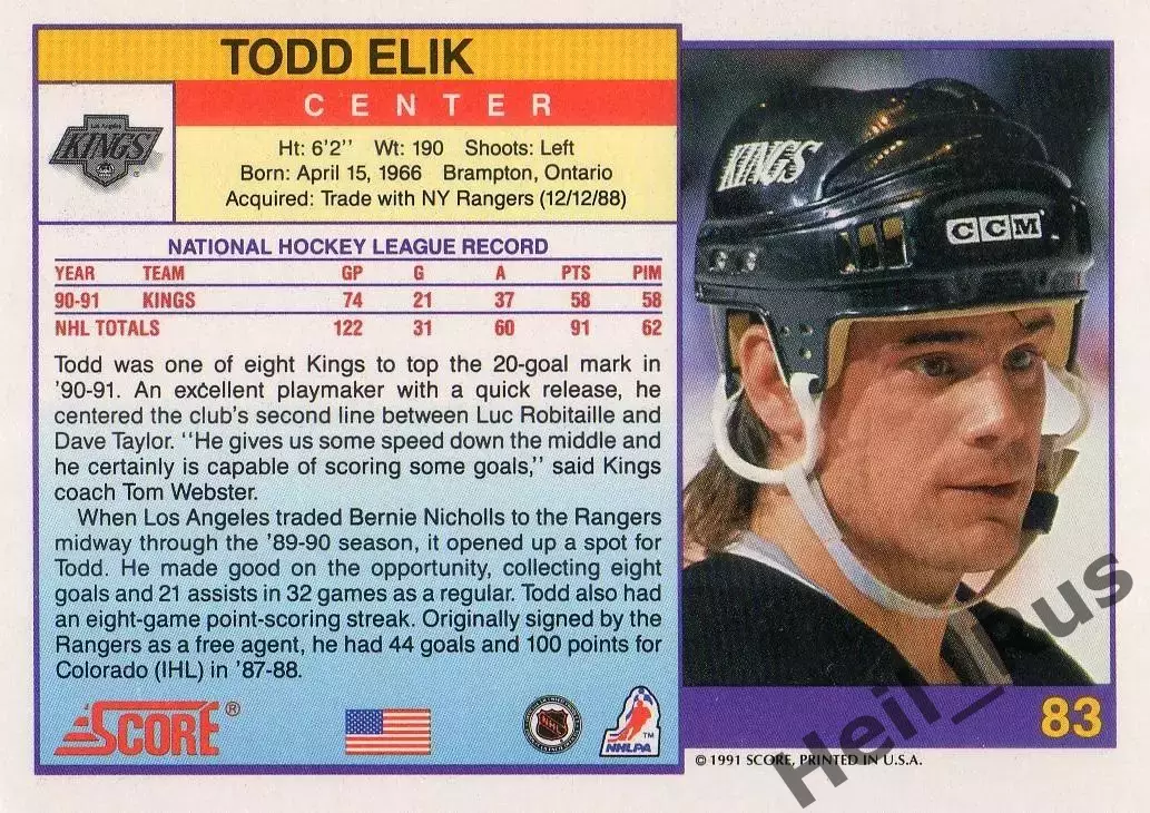 Хоккей Карточка Todd Elik/Тодд Элик Los Angeles Kings/Лос-Анджелес Кингз NHL НХЛ 1