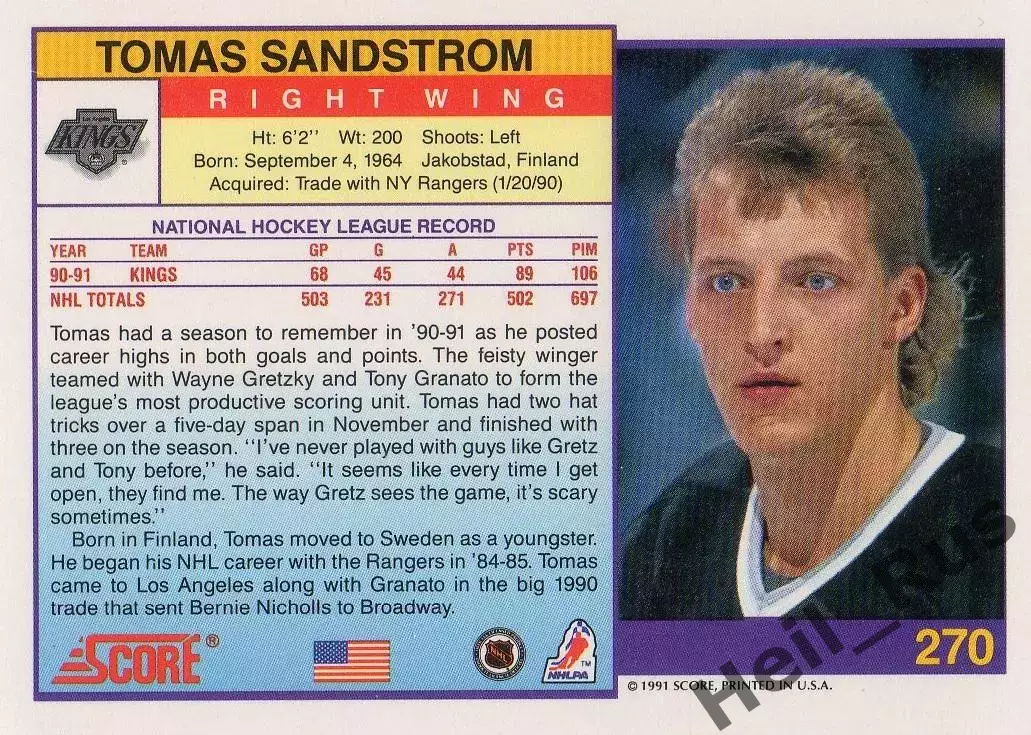 Хоккей Карточка Tomas Sandstrom/Томас Сандстрем Kings/Лос-Анджелес Кингз НХЛ/NHL 1