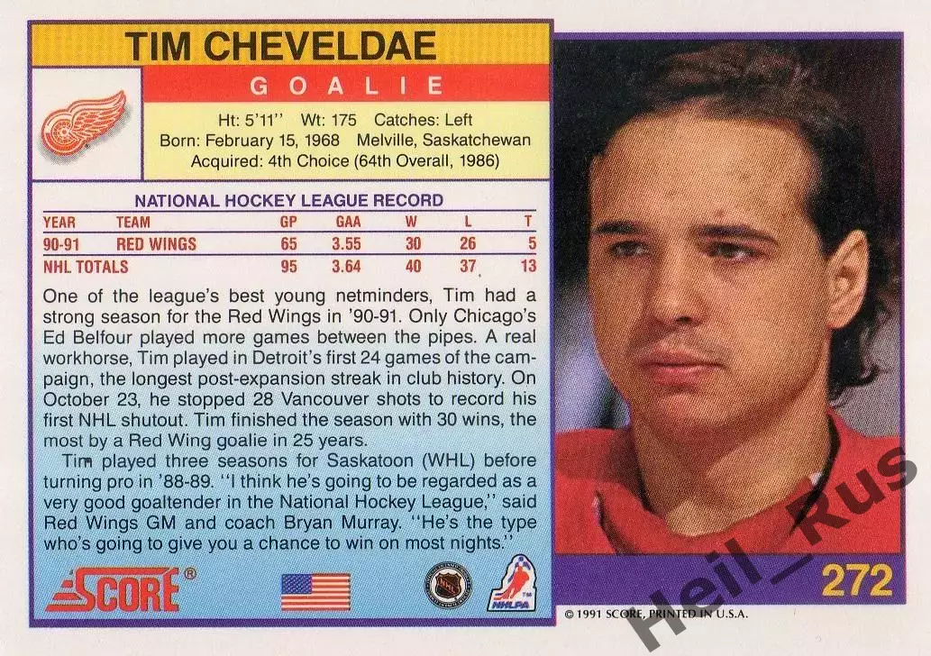 Карточка Tim Cheveldae/Тим Шевалдэ (Detroit Red Wings/Детройт Ред Уингз) NHL/НХЛ 1