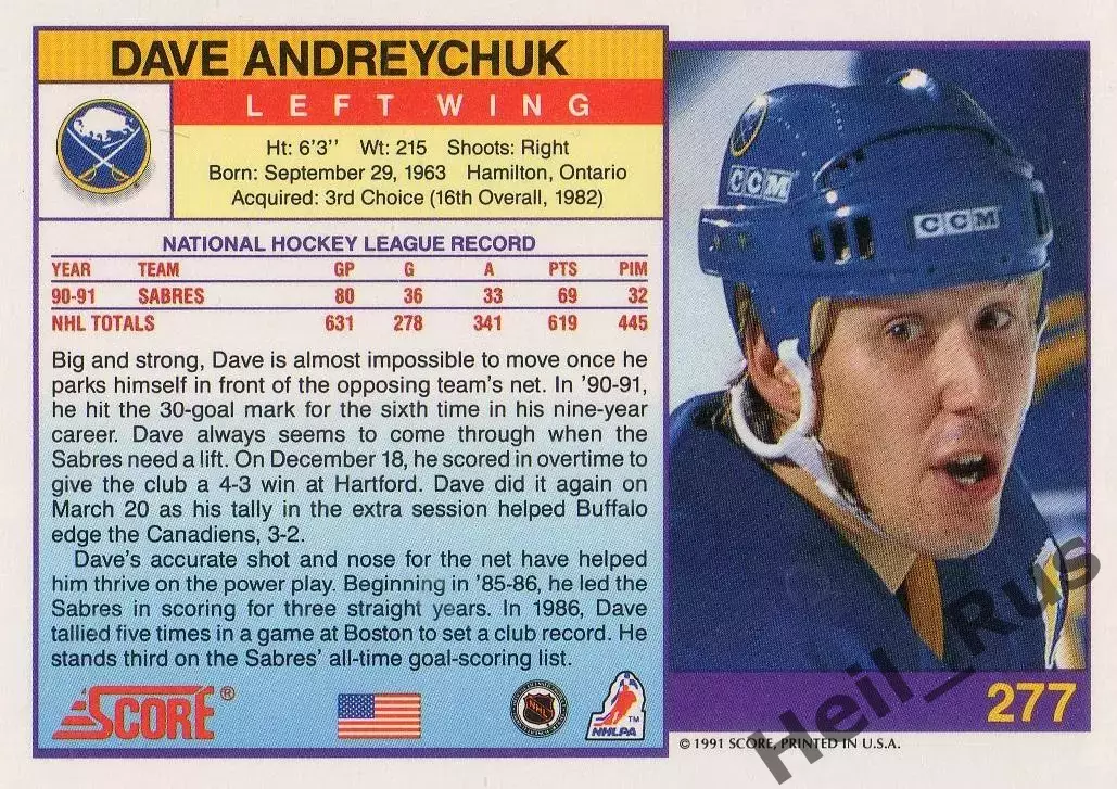 Карточка Dave Andreychuk/Дэйв Андрейчук (Buffalo Sabres/Баффало Сейбрз) НХЛ/NHL 1