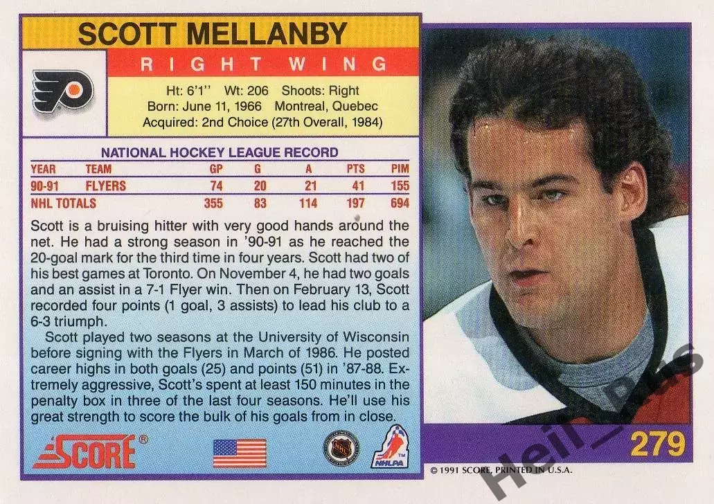 Хоккей Карточка Scott Mellanby/Скотт Мелланби Flyers/Филадельфия Флайерз НХЛ/NHL 1