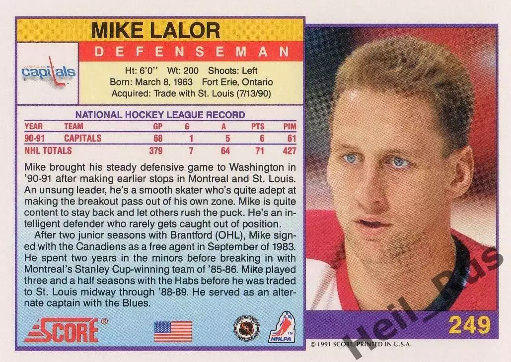 Карточка Mike Lalor/Майк Лэлор (Washington Capitals/Вашингтон Кэпиталз) НХЛ/NHL 1