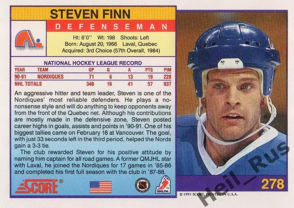 Хоккей Карточка Steven Finn/Стивен Финн Quebec Nordiques/Квебек Нордикс НХЛ/NHL 1