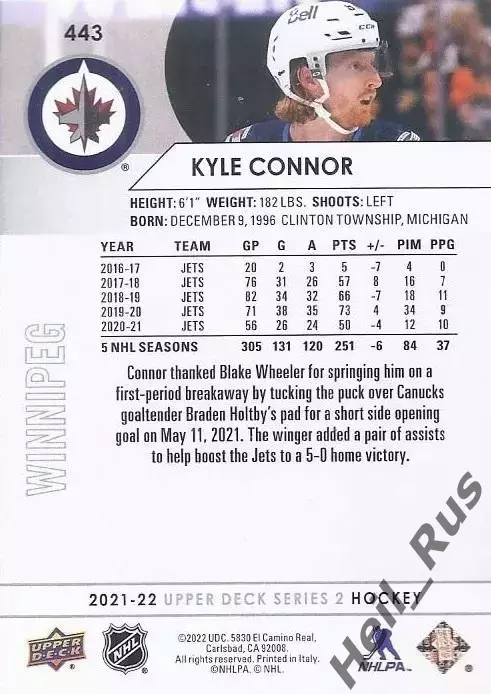 Хоккей Карточка Kyle Connor/Кайл Коннор (Winnipeg Jets / Виннипег Джетс) NHL/НХЛ 1