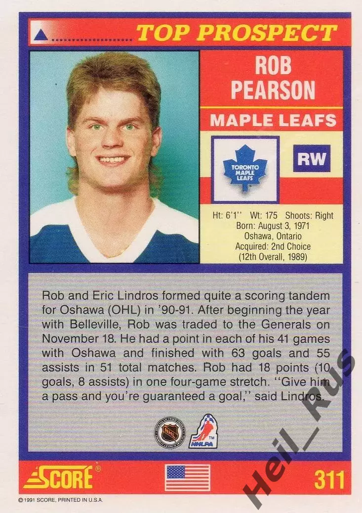 Карточка Rob Pearson/Роб Пирсон (Toronto Maple Leafs/Торонто Мейпл Лифс) НХЛ/NHL 1