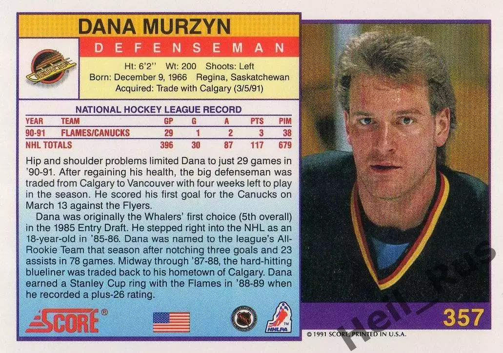 Карточка Dana Murzyn/Дана Мурзин (Vancouver Canucks / Ванкувер Кэнакс) НХЛ/NHL 1