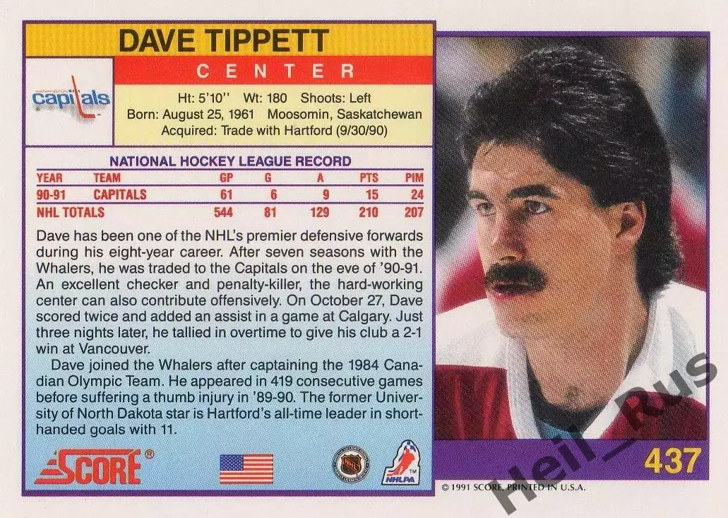 Хоккей. Карточка Dave Tippett/Дэйв Типпетт (Capitals/Вашингтон Кэпиталз) НХЛ/NHL 1