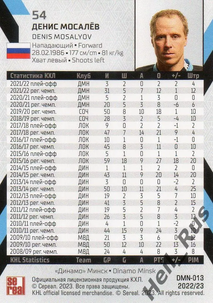 Хоккей. Карточка Денис Мосалев (Динамо Минск) КХЛ/KHL сезон 2022/23 SeReal 1