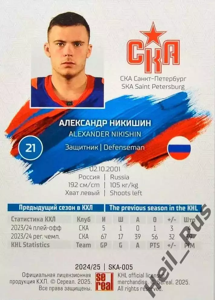 Хоккей; Карточка Александр Никишин (СКА Санкт-Петербург) КХЛ/KHL 2024/25 SeReal 1
