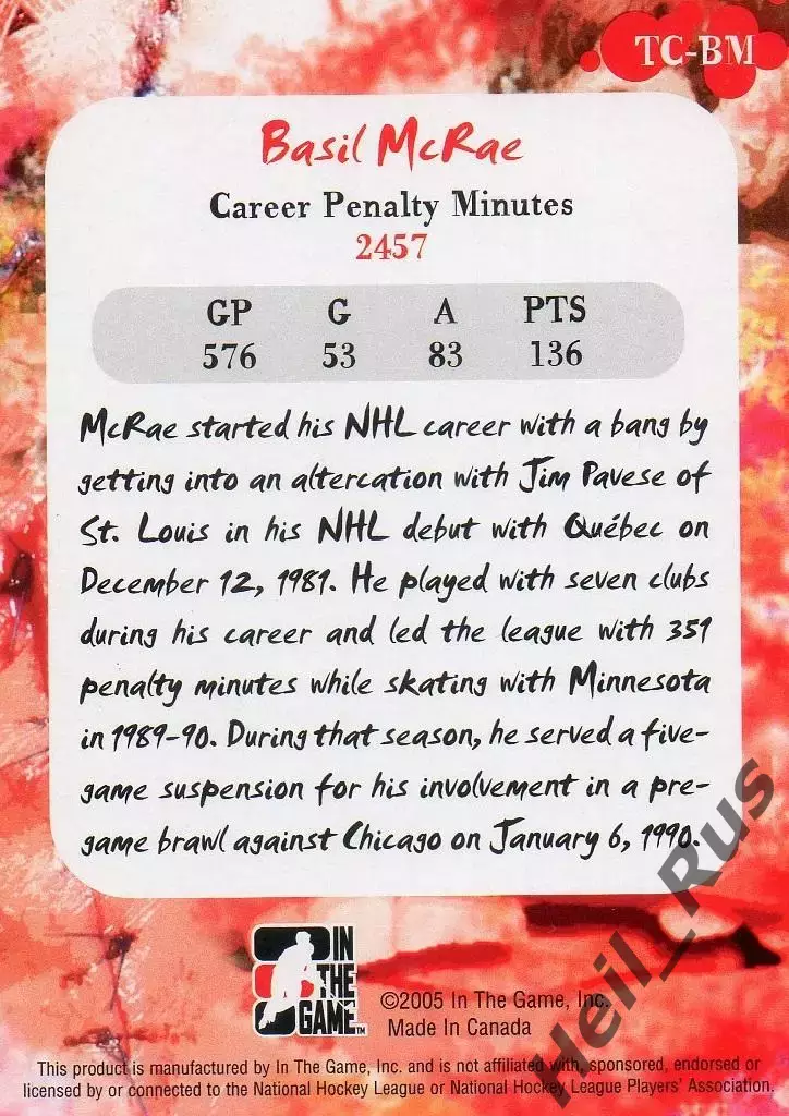 Хоккей Карточка Basil McRae/Бэзил Макрэй Minnesota North Stars/Миннесота NHL НХЛ 1