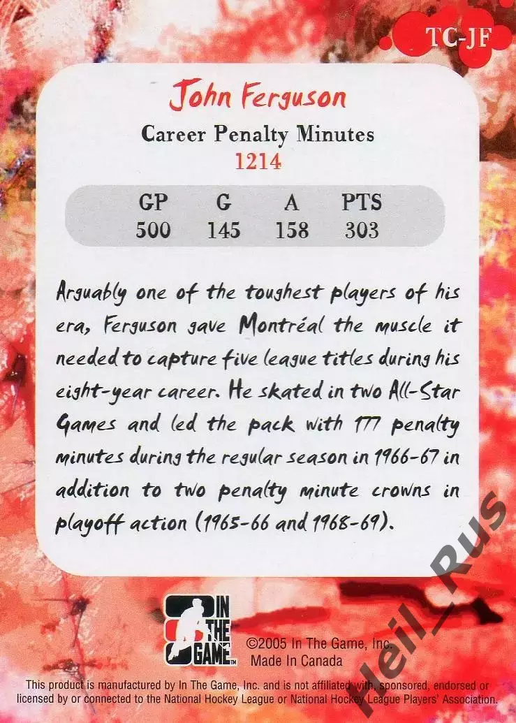 Хоккей. Карточка John Ferguson/Джон Фергюсон Montreal Canadiens/Монреаль НХЛ/NHL 1