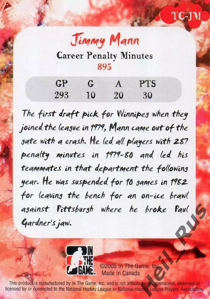 Хоккей. Карточка Jimmy Mann/Джимми Мэнн (Winnipeg Jets/Виннипег Джетс) НХЛ/NHL 1