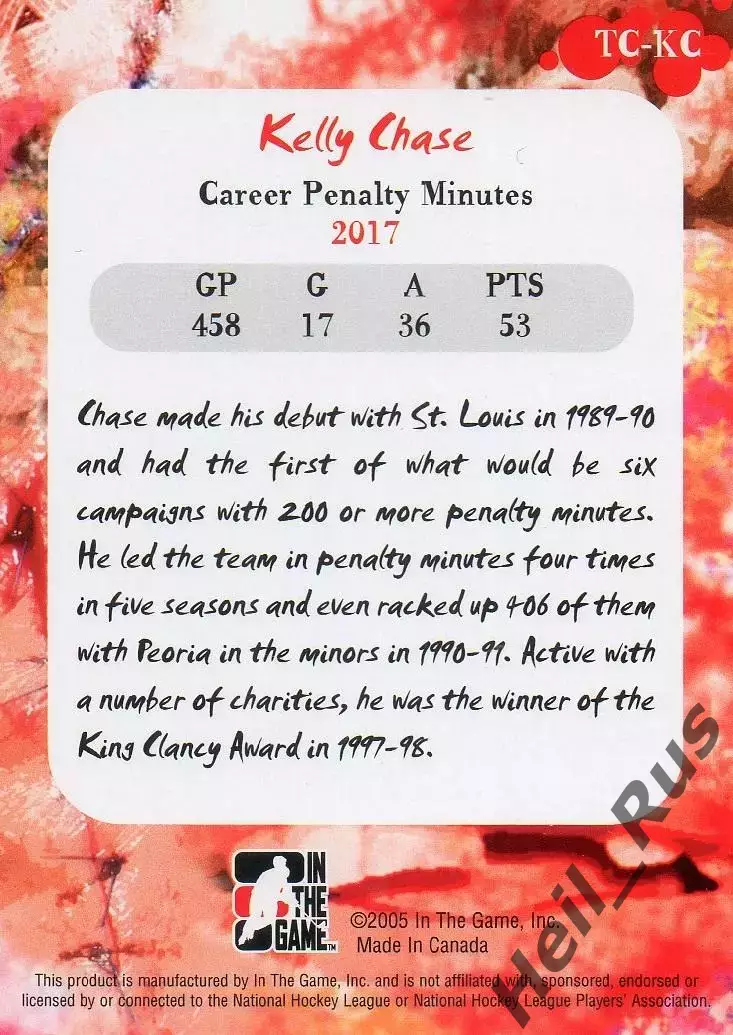 Хоккей. Карточка Kelly Chase/Келли Чейз (St. Louis Blues/Сент-Луис Блюз) НХЛ/NHL 1